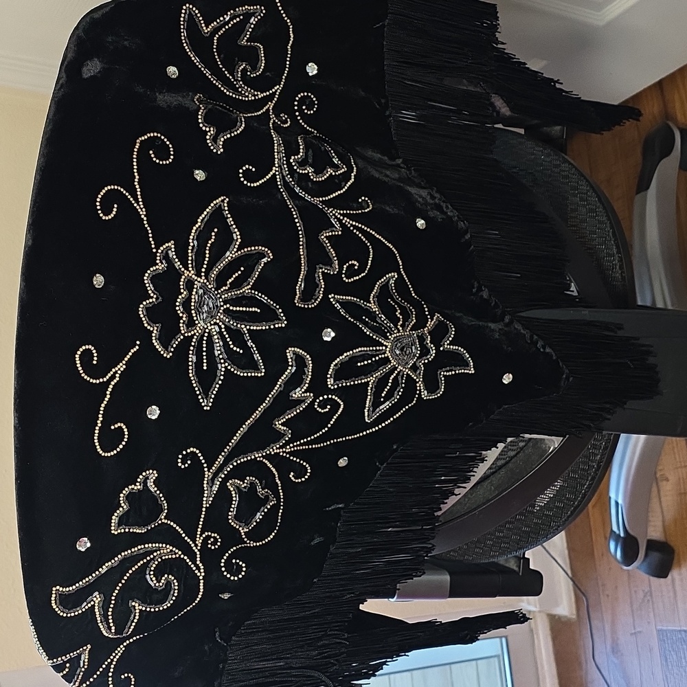 Vintage Black Velvet Beaded Shawl with Embroidery, Rhinestones and Fringe - Picture 4 of 5